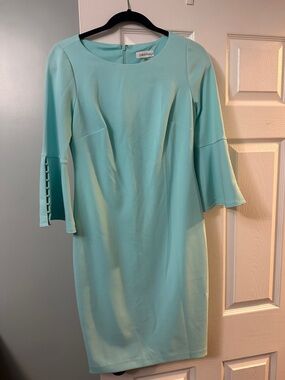 Calvin Klein seafoam Green Bell Sleeve Sheath Dress with Button Cuffs